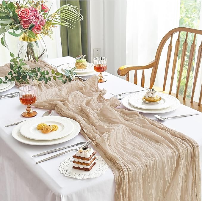 IVAPUPU 2 Pcs Cheesecloth Table Runner - 10ft Nude Boho Gauze Cheese Cloth Table Runners for Baby Shower Decoration Wedding Party Summer Garden Farmhouse