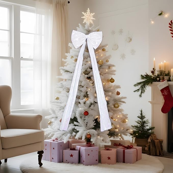 PartyDelight Christmas Tree Topper Bow Decor Large White Iridescent Sequin 16x47 Inchs Ribbon Tie Detachable Bow for Dress Xmas Birthday Party Room Decorations Coquette Backdrop Decors
