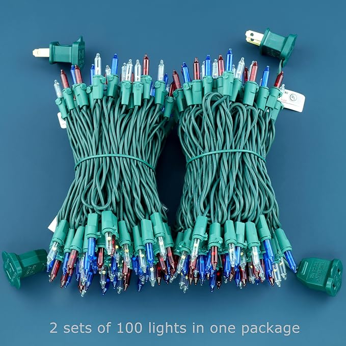 YULETIME 200 Red White & Blue Christmas Lights, Pack of 2 Sets 33 Feet 100 Count UL Certified Incandescent-Like String Lights