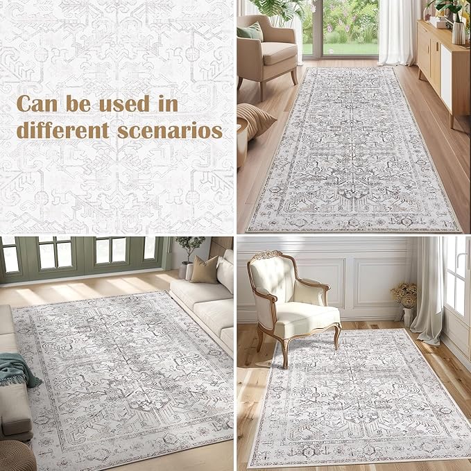 jinchan Lima Kitchen Runner Rug 2x8 - Vintage Floral Machine Washable Non-Slip Hallway Runner Rug with Rubber Backing Ultra-Thin Carpet for Bedroom Laundry Room Farmhouse (2x8ft, Taupe)