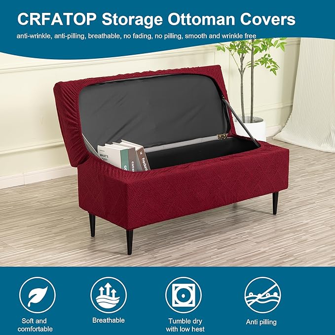 CRFATOP Jacquard Ottoman Stool Cover Stretch Folding Storage Footstool Bench Slipcovers Upholstered Foot Chest Chair Covers Washable Entryway Furniture Protector with Elastic Bands,M,Burgundy