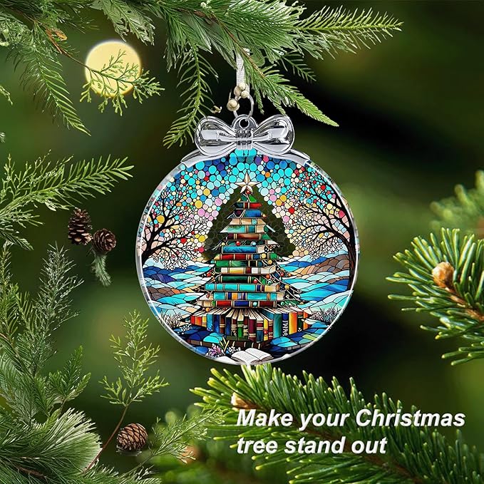Book Tree Christmas Ornament Unique - Book Lover Ornament Glass for Christmas Tree Decorations- Holiday Keepsake Present Exchange Idea