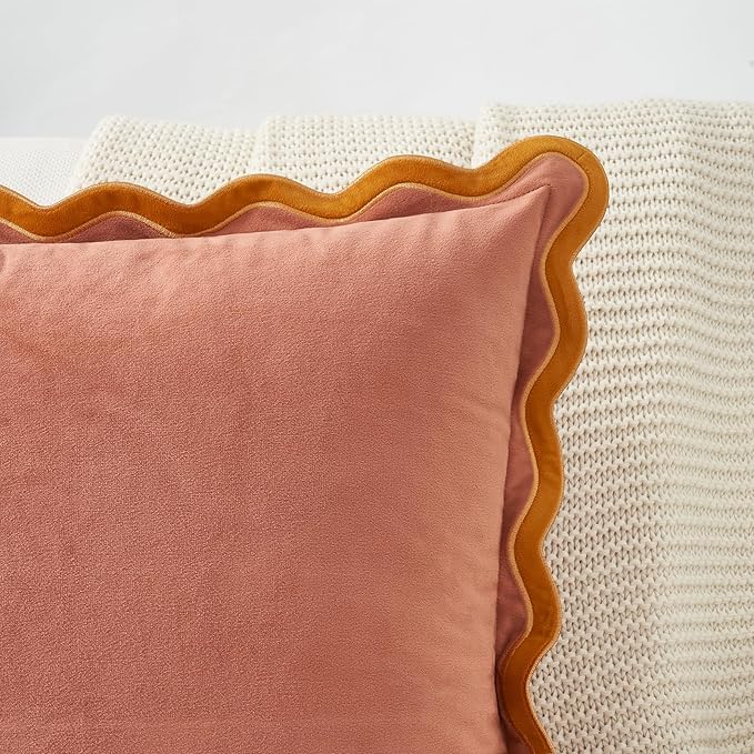 MONDAY MOOSE Decorative Throw Pillow Covers Cushion Cases, Set of 2 Soft Velvet Scalloped Wavy Edge Designs, Mix and Match for Home Decor, Pillow Inserts Not Included (16x16 inch, Pink/Honey)