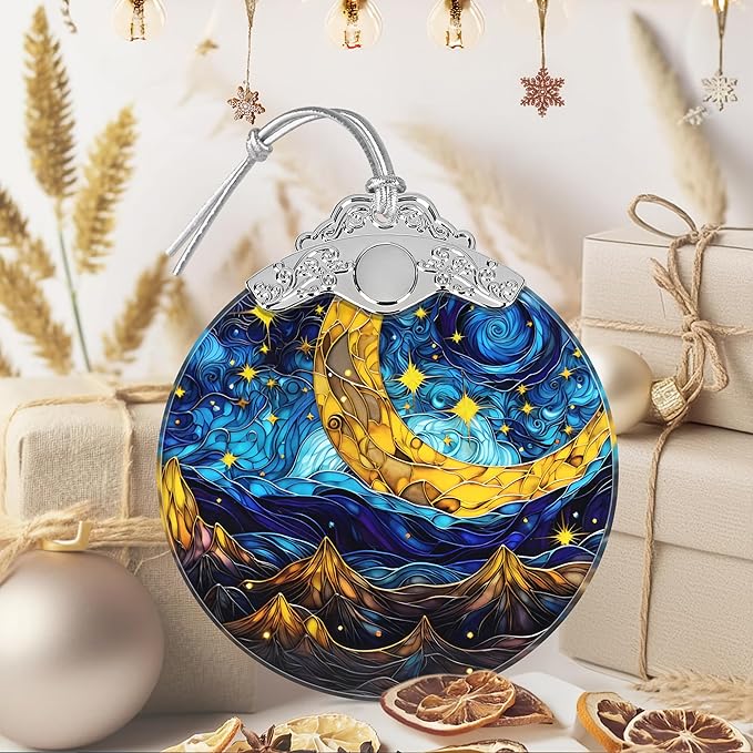 Retro Moon Star Ornament, Christmas Ornaments, Christmas Decorations for Tree, Stained Glass Ornament, Heirloom Keepsake, Gift Exchange, Gift Ideas, Bauble Present