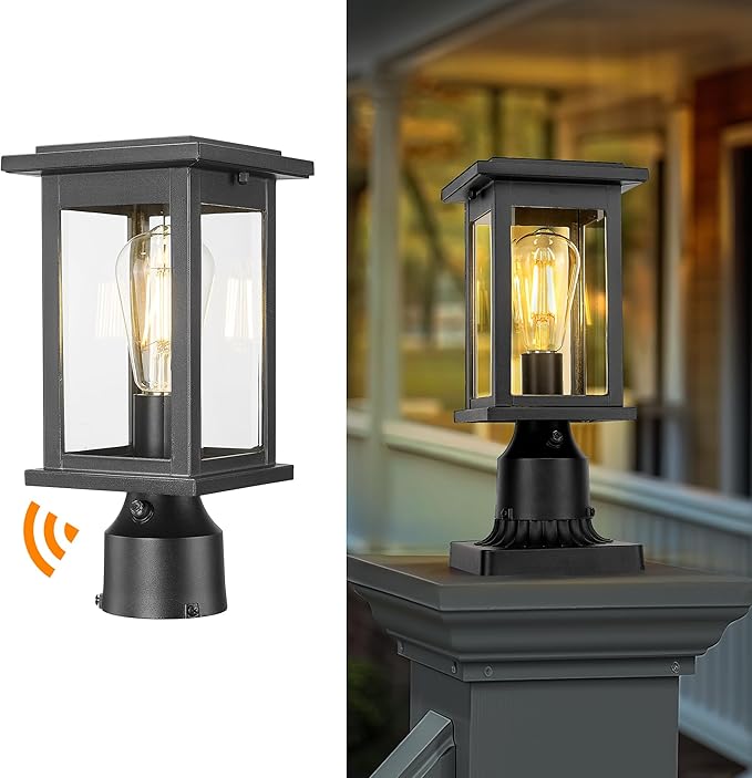 Dusk to Dawn Outdoor Post Lamp, HWH 12.2 Inch Exterior Pole Lantern with Photocell Sensor, Lamp Post Light with Clear Glass, 5HD37P PC BK