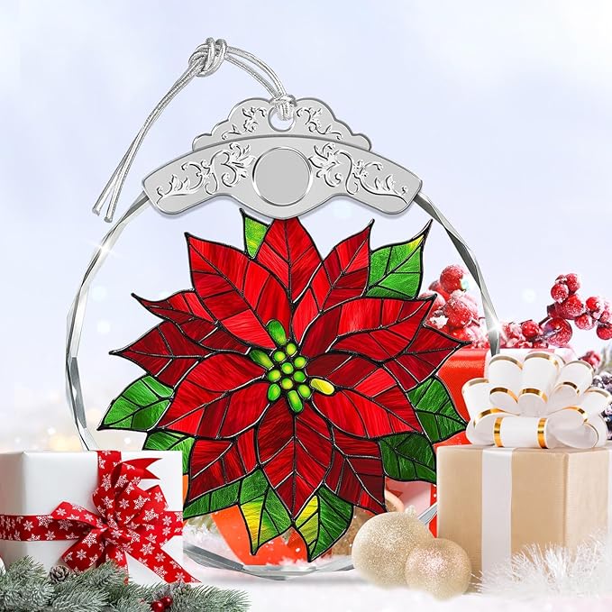 Christmas Ornaments - Poinsettia Stained Glass Ornament - Xmas Decor - Ornaments for Christmas Tree - Holiday Presents - Gift Exchange Ideas - Car Hanging Decoration - Wine Bottle Decor
