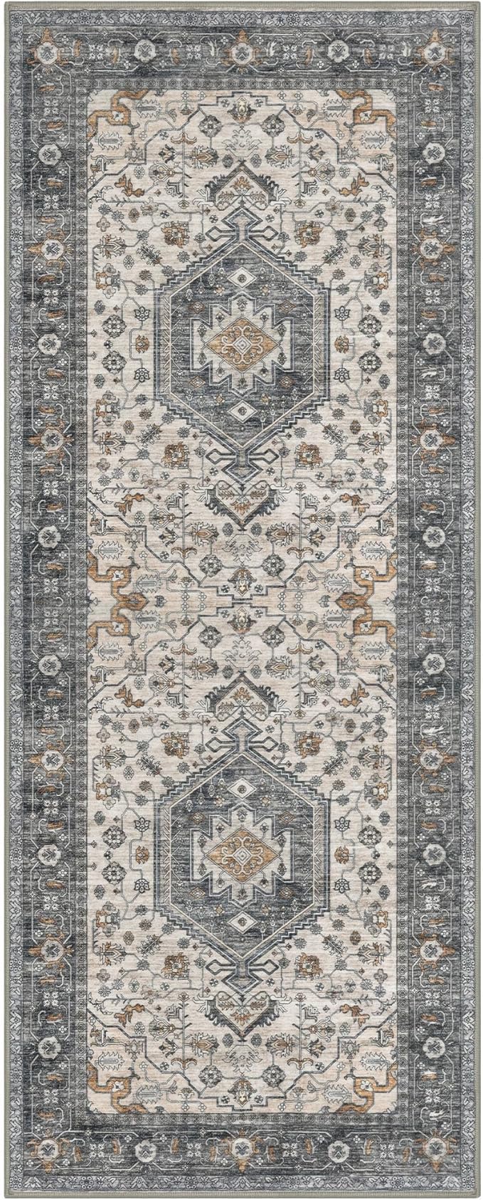 KUTA Runners for Hallways 2x6 Taupe, Vintage Floral Kitchen Rugs Non-Slip Washable Runner Ultra Soft Printed Retro Flower Carpet Entryway Rug for Bedroom Laundry Nursery Entryways