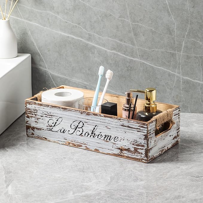 TIMRIS Farmhouse Distressed Wooden Storage Box, Rustic Bathroom Decor Box, Decorative Toilet Tank Basket Nice Butt, Vintage Countertop Organizer Box with Handles (Distressed White)