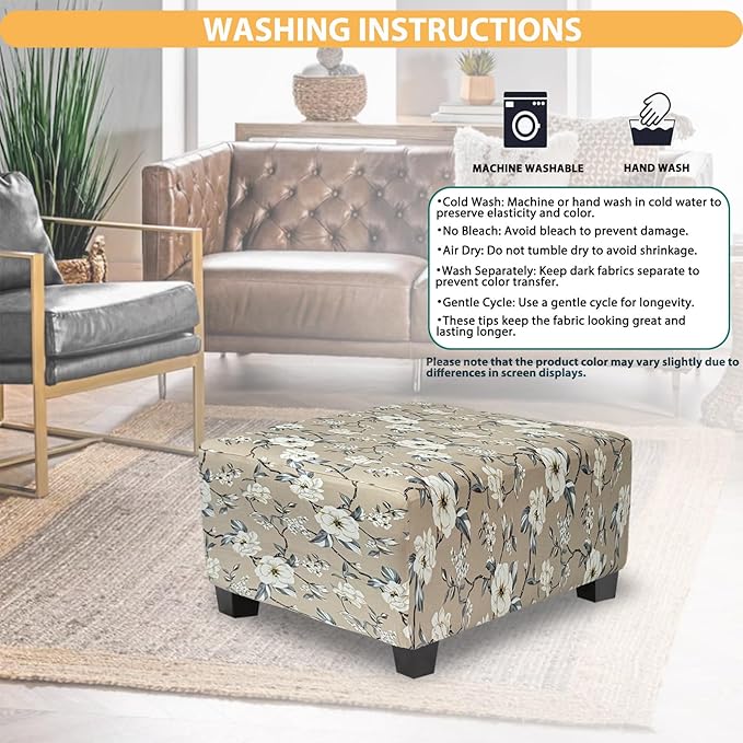 Ottoman Cover Square Slipcovers Printed,Stretch Footrest Stool Cover for Ottoman Square,Soft Foot Stool Cover Protector with Nonslip Elastic Bottom (Medium,Flower A)