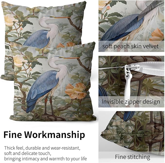 Blue Heron Throw Pillow Covers 18x18 Inch Rustic Bird Animal Throw Pillow Covers for Couch Chinoiserie Pillowcases Vintage Nature Floral Botanical Farmhouse Sofa Cushion Cover Set of 2