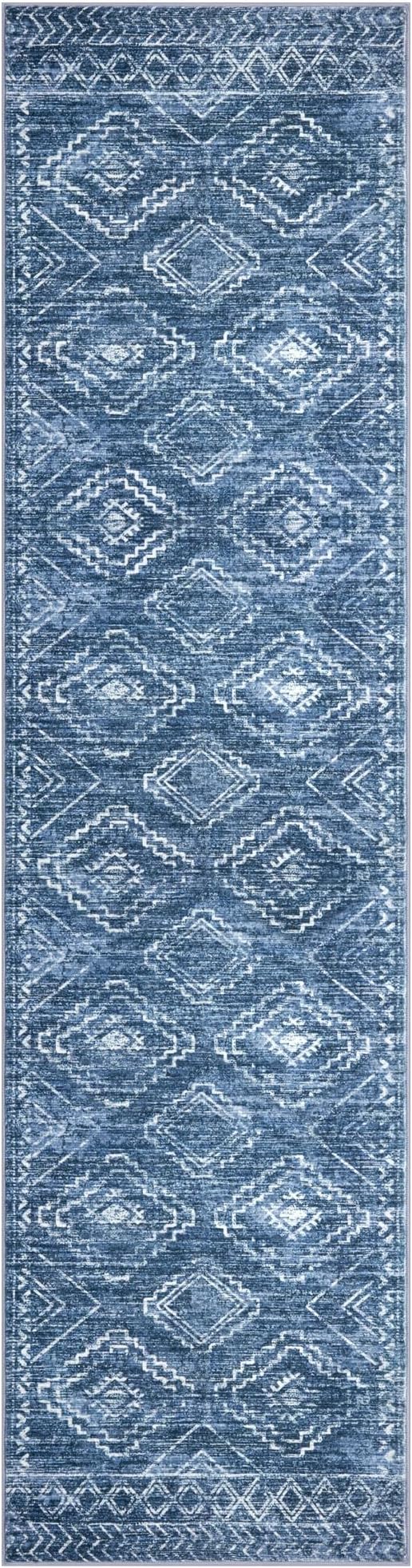 KILOCOCO Hallway Runner Rug 3'x12' Runners for Hallways Washable Runner Rug Soft Non Slip Printed Geometric Runner Low-Pile Rug Runner for Bedroom Kitchen Living Room, Stonewashed Blue