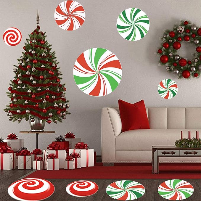 24PCS Peppermint Floor Decals Stickers- Self-Adhesive Design Christmas Candy Stickers,Floor Window Clings for Christmas Valentine's Day Candy Party Decorations (Red and Green)