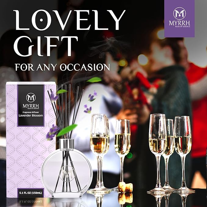 Lavender Blossom Scented Reed Diffuser Set with 8 Rattan Diffuser Sticks, 150 ml, All Natural Air Freshener, Long-Lasting Diffusers at Home - MyrrhUSA