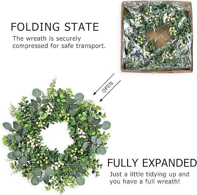 26 inch Eucalyptus Wreath Spring Summer Wreaths for Front Door, Artificial Large All Seasons Wreaths with for Farmhouse Porch Wall Living Room Home Wedding Decor
