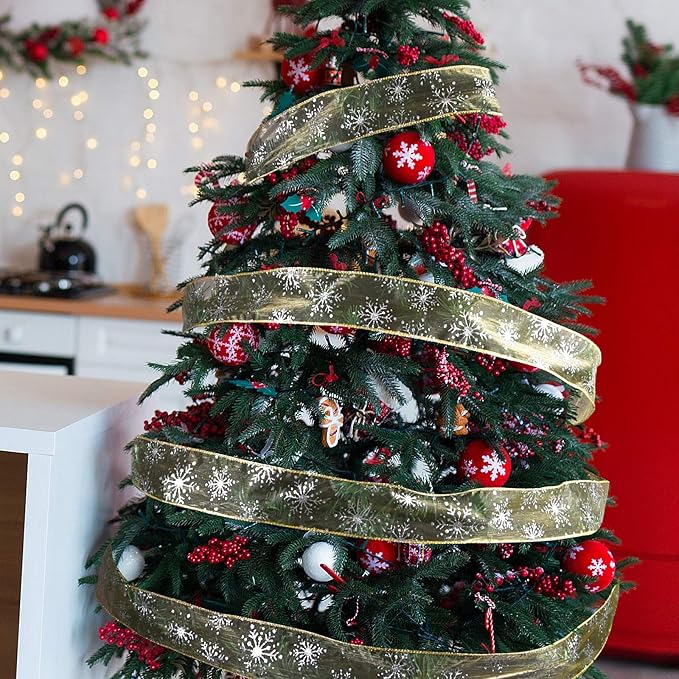 2.5 Inch Wide Christmas Wired Ribbon Snowflake Organza Sheer Glitter Ribbon for Xmas Tree, Wreath, Party Decoration, Gift Wrapping (Golden, 21.9 Yards)