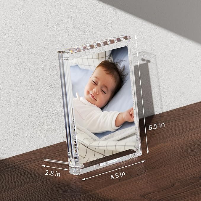 NIUBEE 4x6 Acrylic Picture Frames, Clear Photo Frame for Living Room, Diamond Edge Design, 1 Pack Portrait or Landscape Magnetic Family Thick Desktop Frameless Frame