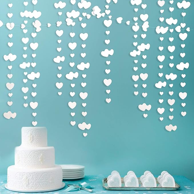 52Ft Valentines Day Party Decorations White Heart Garland White Love Heart Hanging Paper Streamer Banner for Wedding Anniversary Bridal Shower Engagement Mothers Day Bachelorette Winter Party Supplies