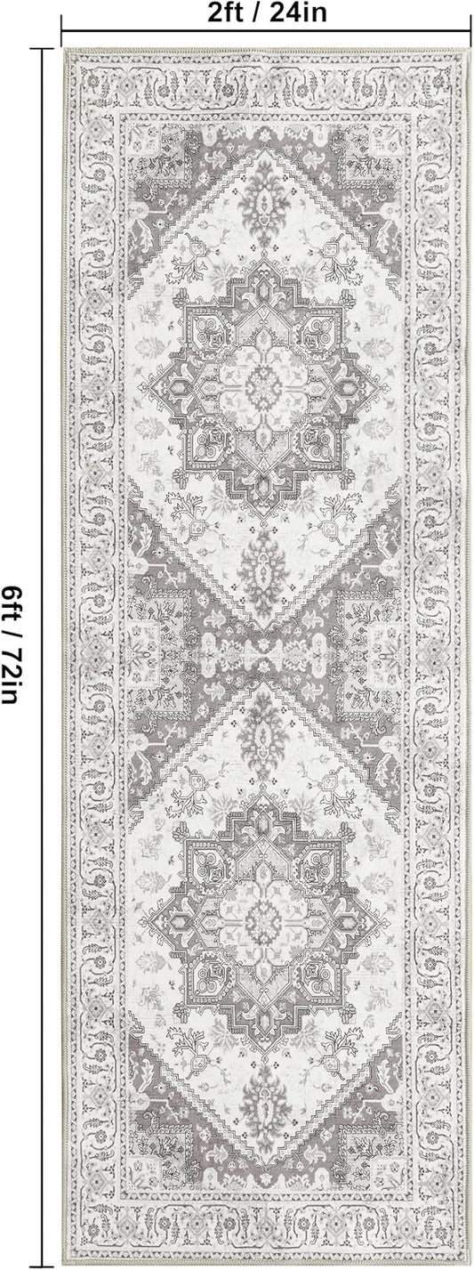 XWZO Runner Rug 2x6ft, Washable Hallway Runner with Non-Slip Backing, Vintage Spill Stain Resistant Floor Mat for Entryway Corridor Bedroom Kitchen, Soft Low-Pile Area Carpet, Grey