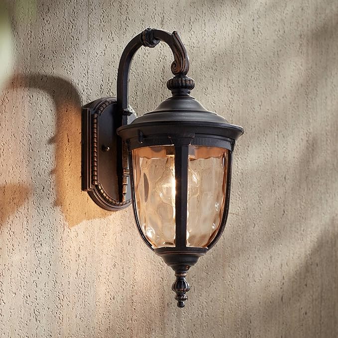 John Timberland Bellagio European Outdoor Carriage Light Fixture Bronze Metal 16 1/2" Hammered Glass Wall Sconce for Exterior House Porch Patio Outside Deck Garage Yard Front Door Garden Home