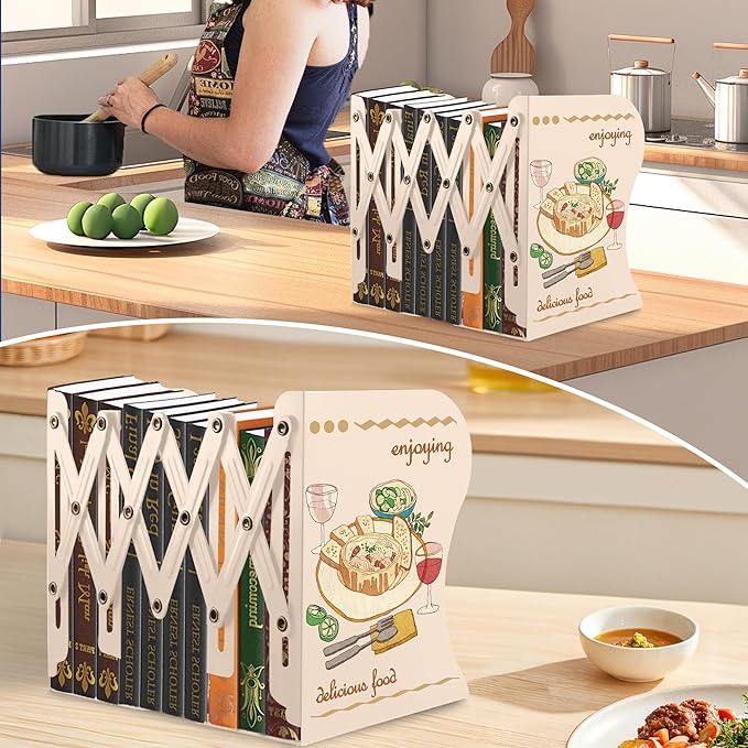 Cookbook Bookends, Kitchen Bookends, Adjustable Metal Book Ends for Shelves Decorative, Unique Design for Heavy Books, Non-Skid Book Holder for Kitchen Housewarming Cooking Lover Gifts (White 1)