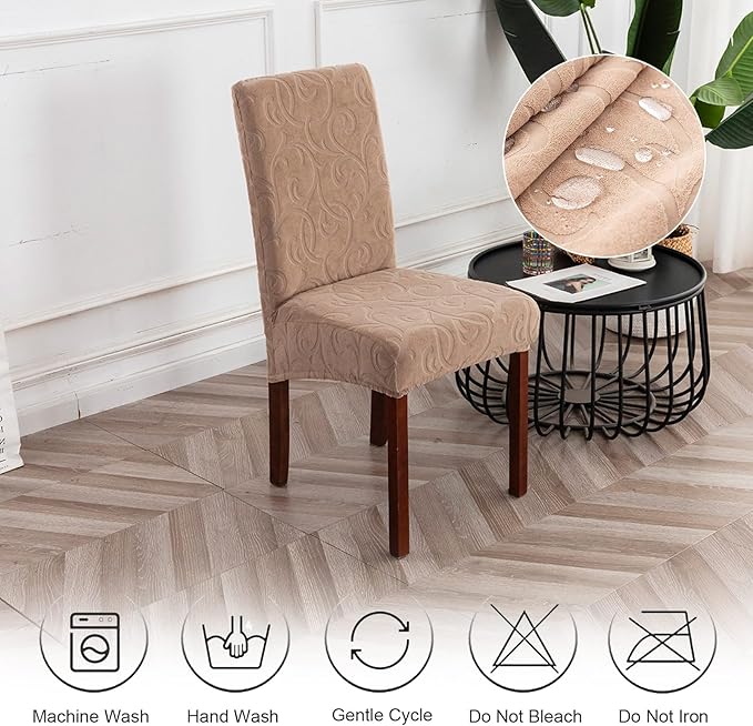 Genina Waterproof Dining Room Chair Covers Stretch Parsons Chair Slipcovers for Dining Room Kitchen Chair Protector Cover, Removable, Washable (6 Large, Flower Pattern-Khaki)