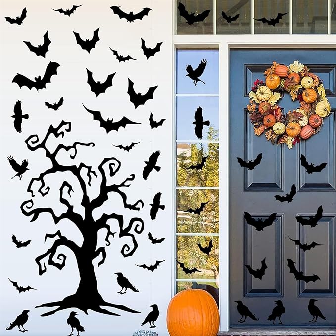 Giant Halloween Window Decals Bats Stickers Halloween Tree Window Stickers Halloweens Wall Decor Decals Peel and Stick Black Crow Branch Vinyl Sticker for Haunted House Party Supplies Windows Decor