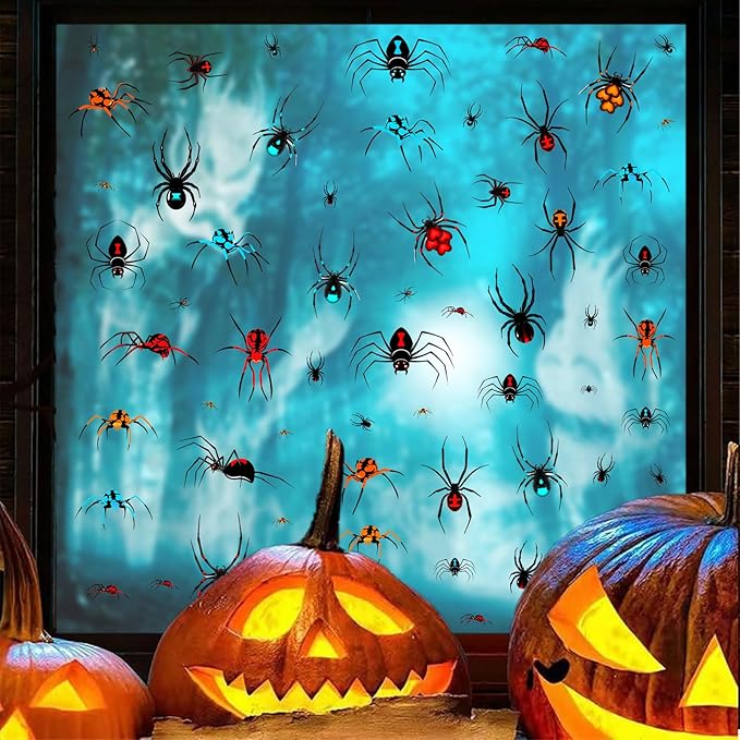 80 PCS Halloween Spider Mirror Decals Halloween Window Decoration Clings Removable Double-Sided Spooky Glass Stickers for Haunted House Indoor Outdoor Scary Static Clings for Holiday Party Decor