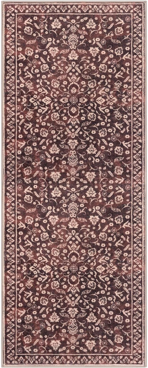 Vintage 2x7 Runner Rug, Burgundy Washable Runners for hallways, Super Soft Kitchen Runner Rug Non Slip, Print Faux Wool Floral Thin Carpet Runner for Entryway Indoor Bedside Runner