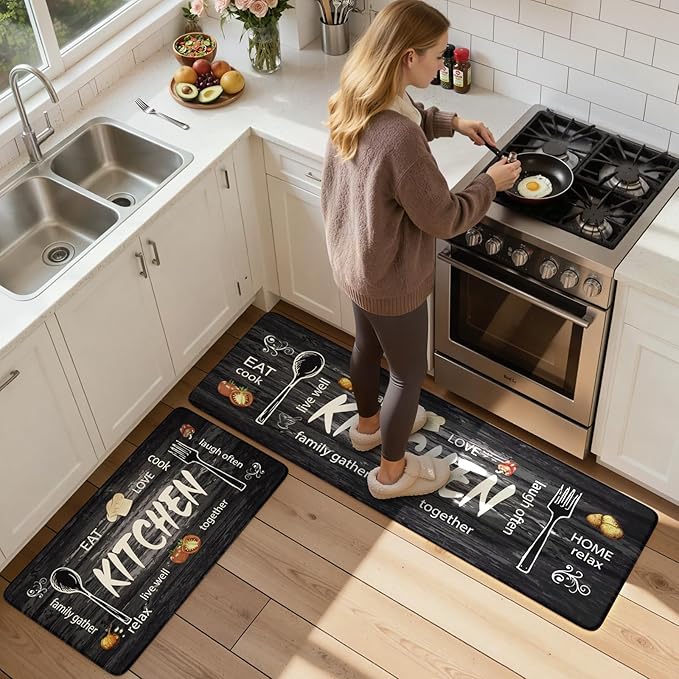 KIMODE Anti Fatigue Kitchen Mat 2PCS,Non Slip Waterproof Kitchen Rugs,Farmhouse Grey Kitchen Mat for Floor,Cushioned Comfort Foam Standing Mat for Home,Laundry,Sink,Desk
