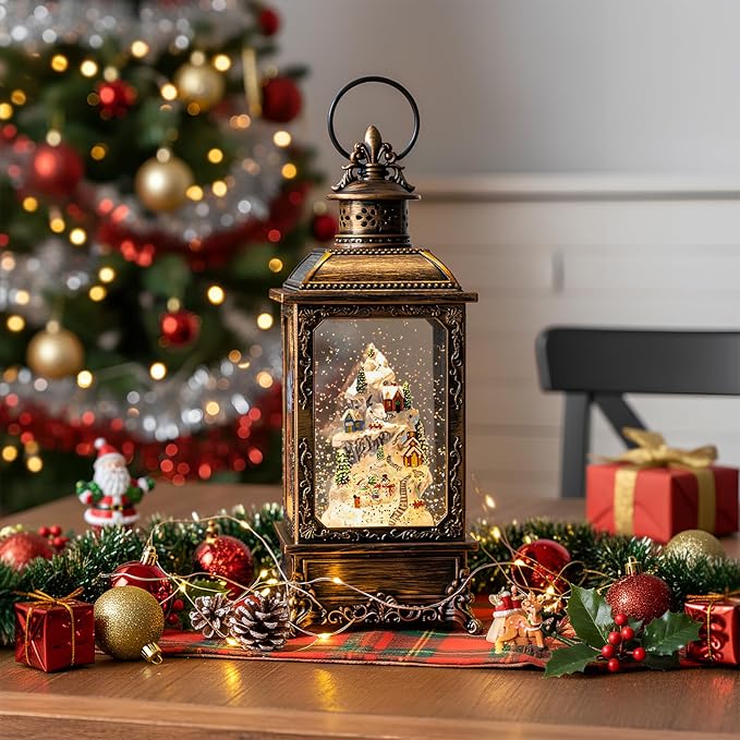Christmas Village Buildings Snow Globe Lantern Water Glittering Snowman Family with Music & Timer, USB Lined/Battery Operated Lighted Lantern for Christmas Festival Decoration Gifts