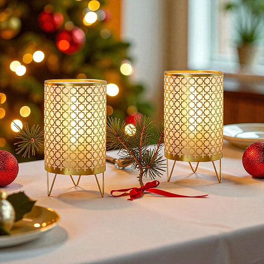 TRIROCKS Set of 2 Battery Operated Lamp 9'' High Cordless Table Lamp Battery Powered Lanterns with 6H Timer for Home Living Room Weddings Parties Patio Events Outdoors Indoors Shelf(Gold)