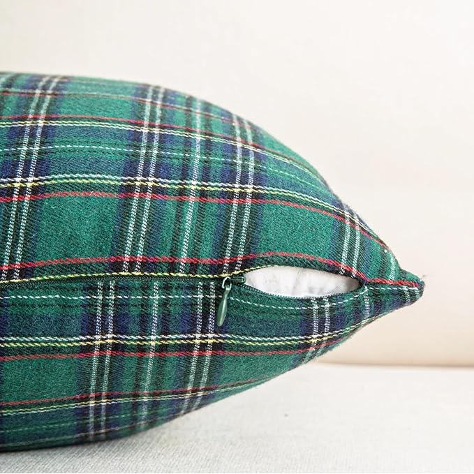 AQOTHES Pack of 2 Christmas Plaid Decorative Throw Pillow Covers Scottish Tartan Cushion Case for Farmhouse Home Holiday Decor Green and Blue, 24 x 24 Inches