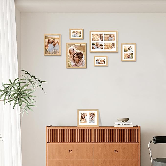 11x14 Picture Frame - 11 x 14 Photo Frame Made of Solid Oak Wood and Real Glass,Display Picture 5 Opening 4x6 with Mat or 11x14 Without Mat for Wall & Tabletop(Color Natural Oak)
