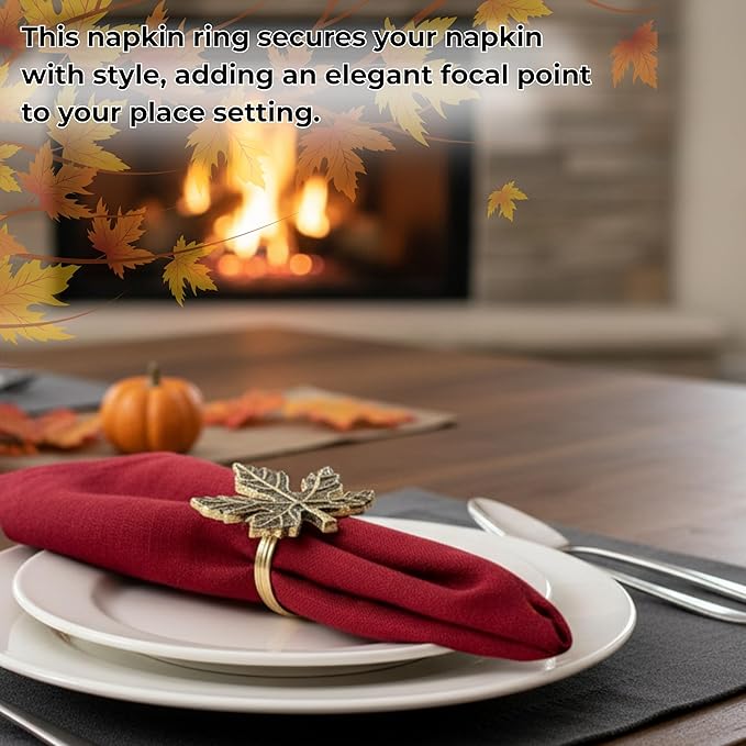 ALPHA Living HOME 12-Piece Metal Napkin Rings - Antique Gold Harvest Leaf Napkin Rings - Decorative Table Accents for Holiday Party, Dinner, Family Gatherings, Table Décor Weddings & Everyday Use