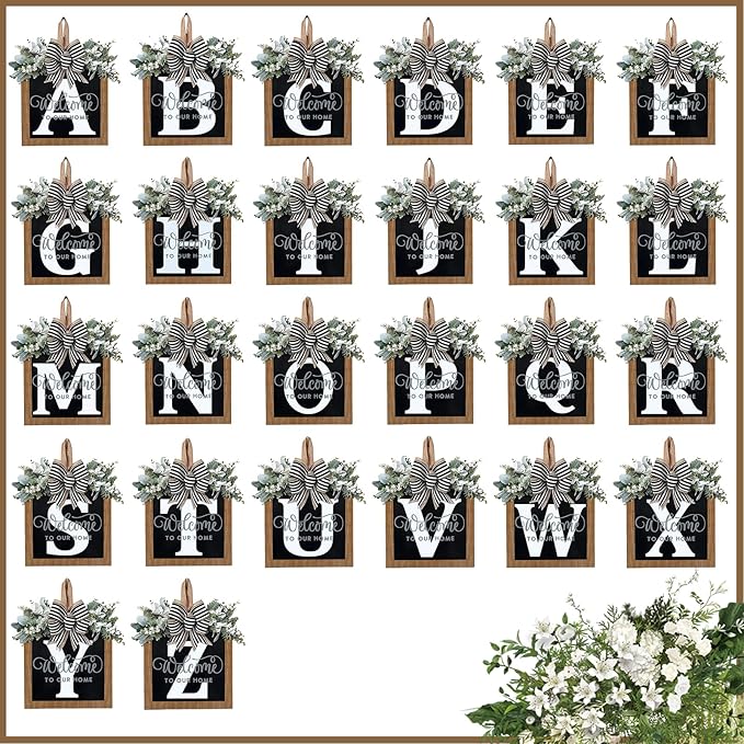 Ultra Large 14'' Last Name All Year Round Front Door Wreath with 26 Initial Letter Welcome Sign All Seasons Eucalyptus Garland and Bow Wreaths for Front Door Porch Farmhouse Decoration (V)