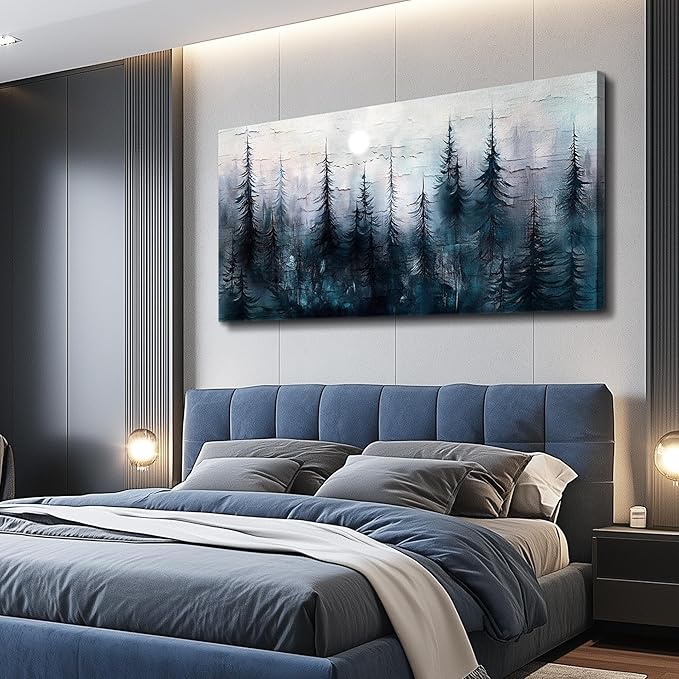 Canvas Wall Art for Living Room Framed Wall Decor for Bedroom Office Modern Wall Decoration Foggy Forest Landscape Paintings Black and White Picture Artwork Aesthetic Home Decor 20"X40"