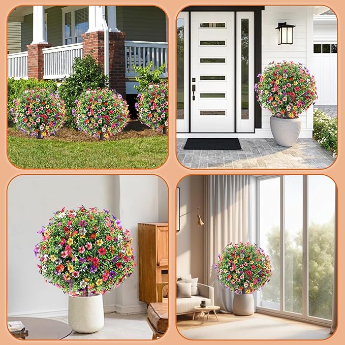 27.5" Artificial Boxwood Topiary Ball Trees with Colorful Flowers, Set of 2 Fake Bushes Shrubs with Ground Spike, UV Resistant Faux Evergreen Tree for Front Porch Outdoor Garden Decor