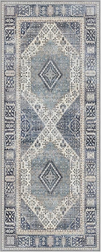 GENIMO 2x7 Runner Rugs for Hallway, Machine Washable Non Slip Vintage Rugs, Low Pile Lightweight Soft Print Rug for enrtyway, Corridor, Home Office, Kitchen, Navy/Cream