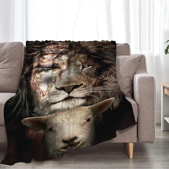 Tijuboni Lion Lamb Throw Blanket Christian Religious Gifts for Women Men Girls Boys Kids Adults Soft Flannel Fleece Blanket for Couch Sofa Bed Home Decor 60"x80"