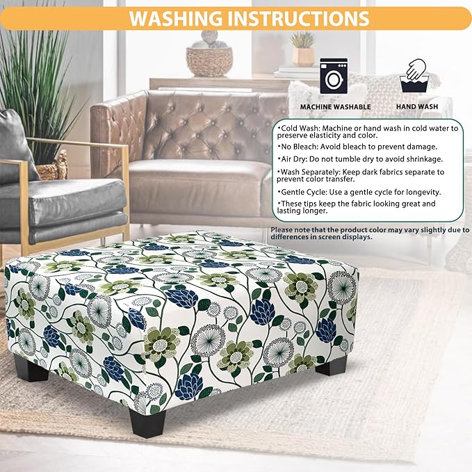 Ottoman Cover Rectangle Printed,Stretch Slipcover for Rectangular Footstool,Soft Fabric with Non-Slip Elastic Bottom,Decorative Furniture Protector for Living Room,Large,Flower C