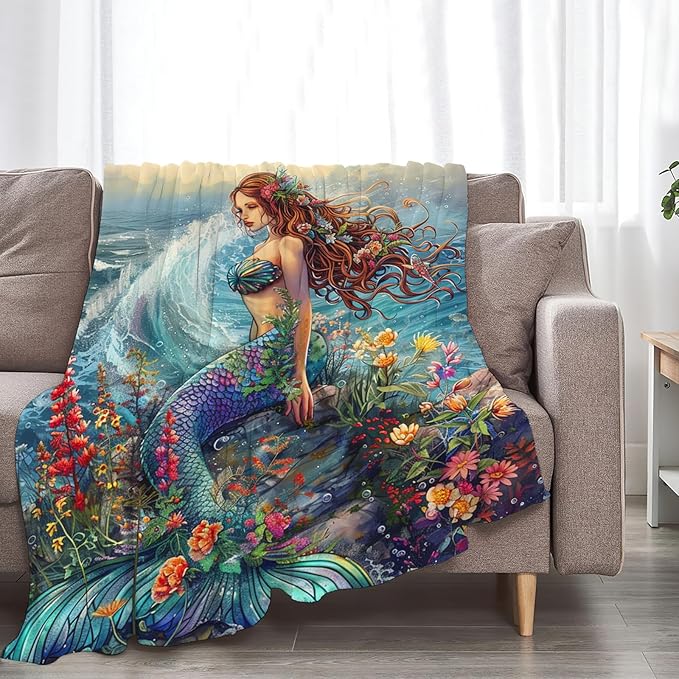 Tijuboni Mermaid Throw Blanket Mermaid Gifts for Girls Women Boys Men Kids Adults Soft Flannel Fleece Blanket for Couch Sofa Bed Home Decor 50"x60"