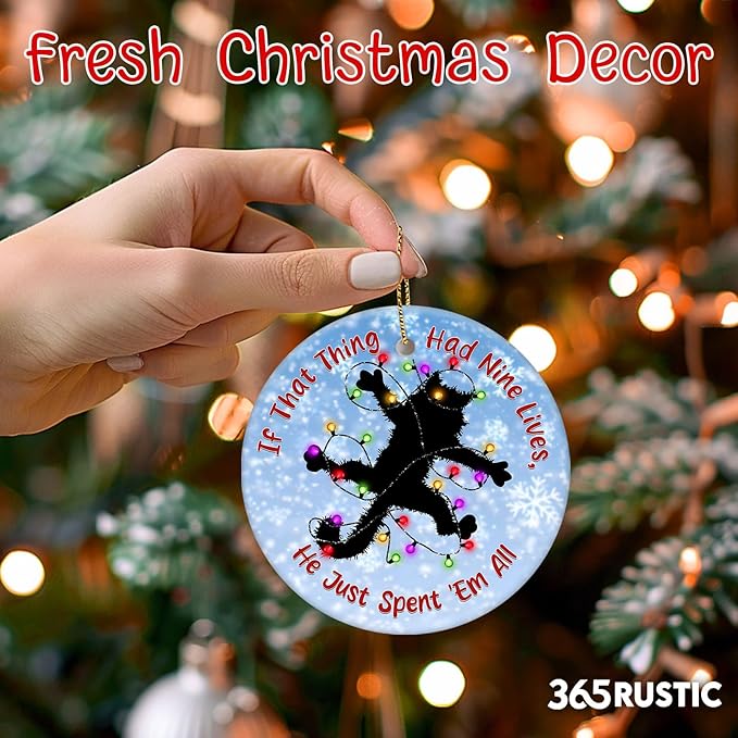 Fried Cat Rug Christmas Ornament – Vacation Movie Themed Xmas Decor, Funny Black Cat Tangled in Lights Lover Gifts, Holiday Tree Keepsake 2025