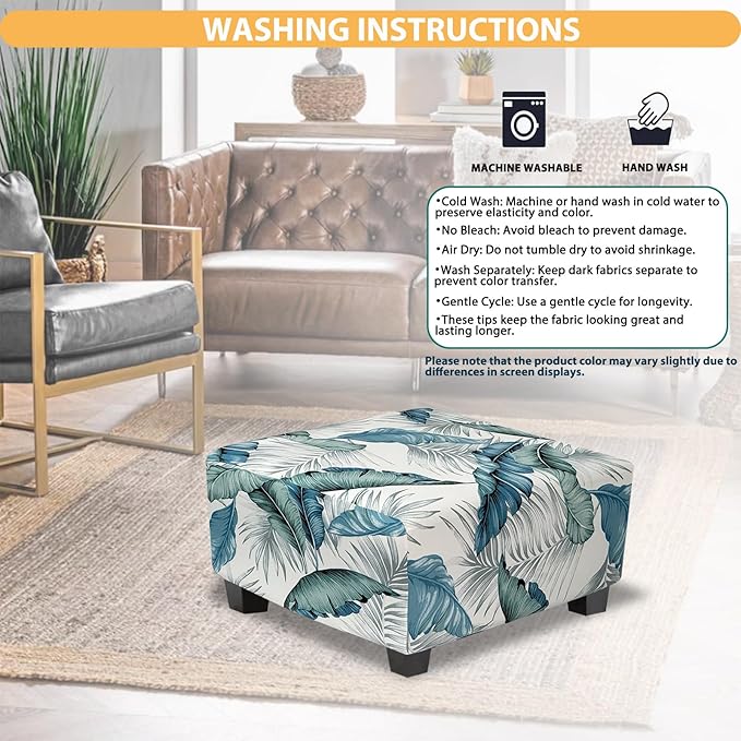 Ottoman Cover Square Slipcovers Printed,Stretch Footrest Stool Cover for Ottoman Square,Soft Foot Stool Cover Protector with Nonslip Elastic Bottom (Medium,Palm Leaf)