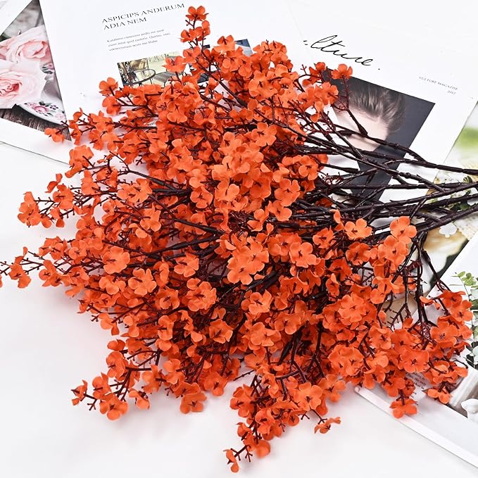 Yastouay Fake Fall Flowers Thanksgiving Table Decor, 15Pcs Fall Orange Faux Artificial Flowers for Decorations, Babys Breath Artificial Flowers Bulk for Thanksgiving Fall Decor Floral Arrangement