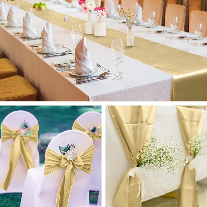 Aneco 4 Pack Satin Table Runner 12 x 108Inch Long Bright Silk and Smooth Fabric Party Table Runner for Wedding Banquet Party Decoration-Champagne