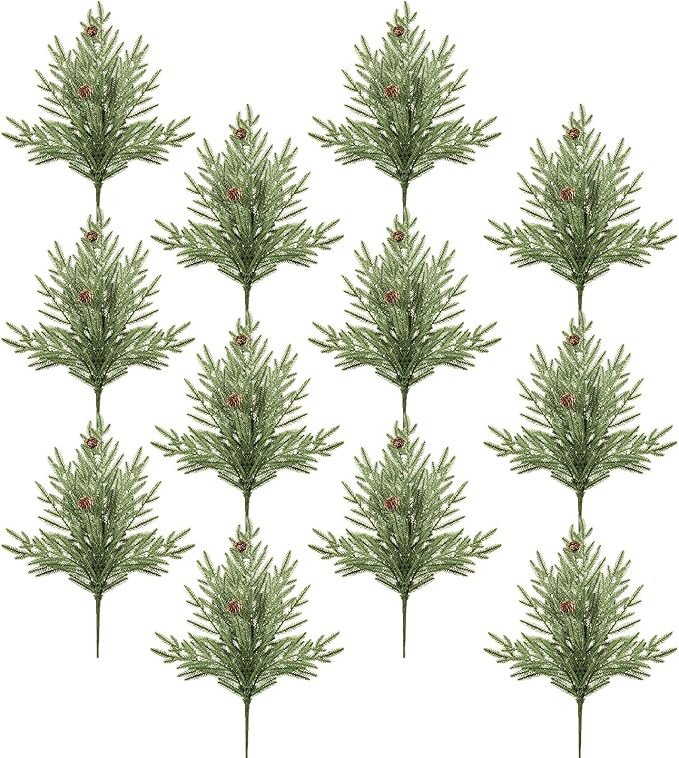 DN DECONATION Artificial Christmas Norfolk Pine Stems, Faux Pine Branches with Cones 22.4" 12PCS - Greenery Fake Pine Needles for Vase Arrangements, Winter, Holiday Indoor Outdoor Home Decor