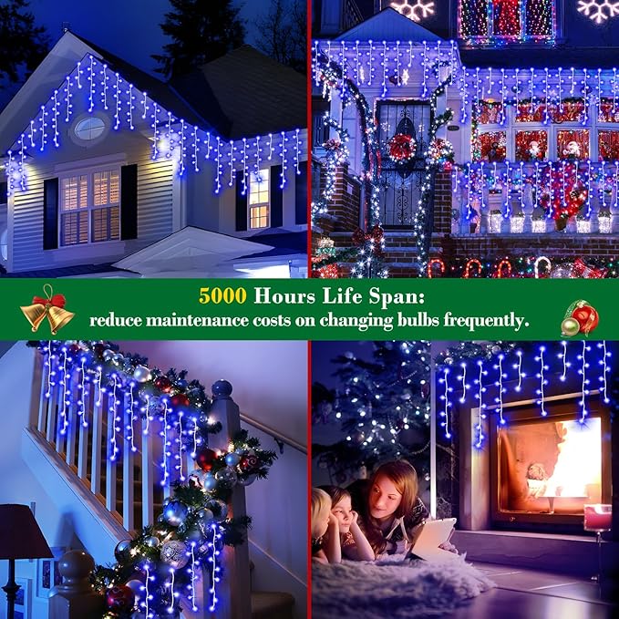 XURISEN 132ft Christmas Lights Decorations Outdoor, 1280 LED 8 Modes Fairy Lights with 240 Drops,Plug in Waterproof Timer Memory Function for Christmas Holiday Wedding Party Decorations(Blue)