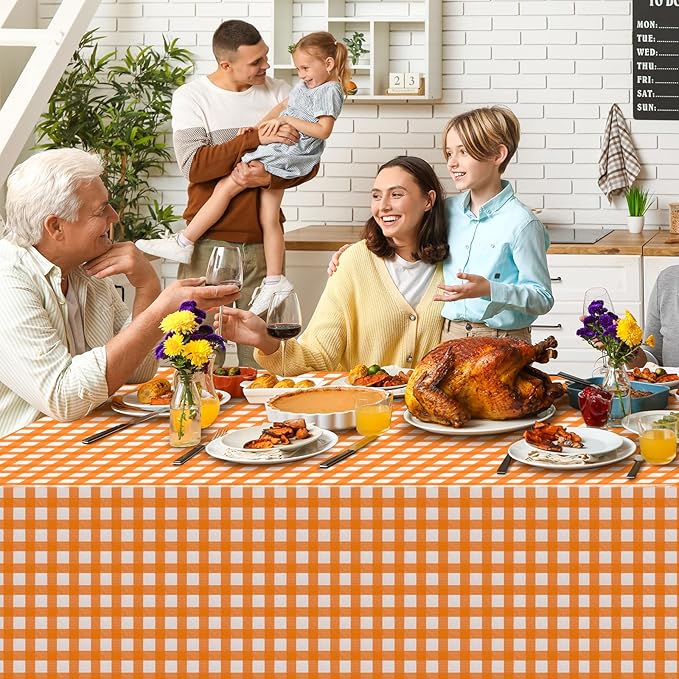 6 Pcs Orange Gingham Tablecloth Decorations, Disposable Plastic Orange and White Checkered Tablecloth Buffalo Plaid Table Cover for Autumn Thanksgiving Birthday Party Supplies,54 x 108 Inch