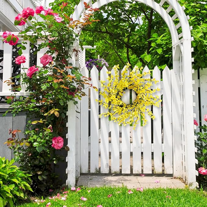 20 Inch Spring Wreath for Front Door, Yellow Forsythia Spring Wreath for Farmhouse Rustic Grapevine Blossom Cluster Festival Celebration Front Door Wall Window Party Decoration Home Décor