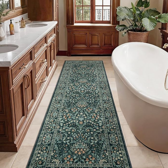 Woaboy Washable 2.6x8 Runner Area Rug, Hallway Kitchen Bedroom Beside Laundry Room Bathroom Rug,Non-Slip Low Pile Stain Resistant Soft Carpet for Vintage Boho Floral Home Decor Dark Green